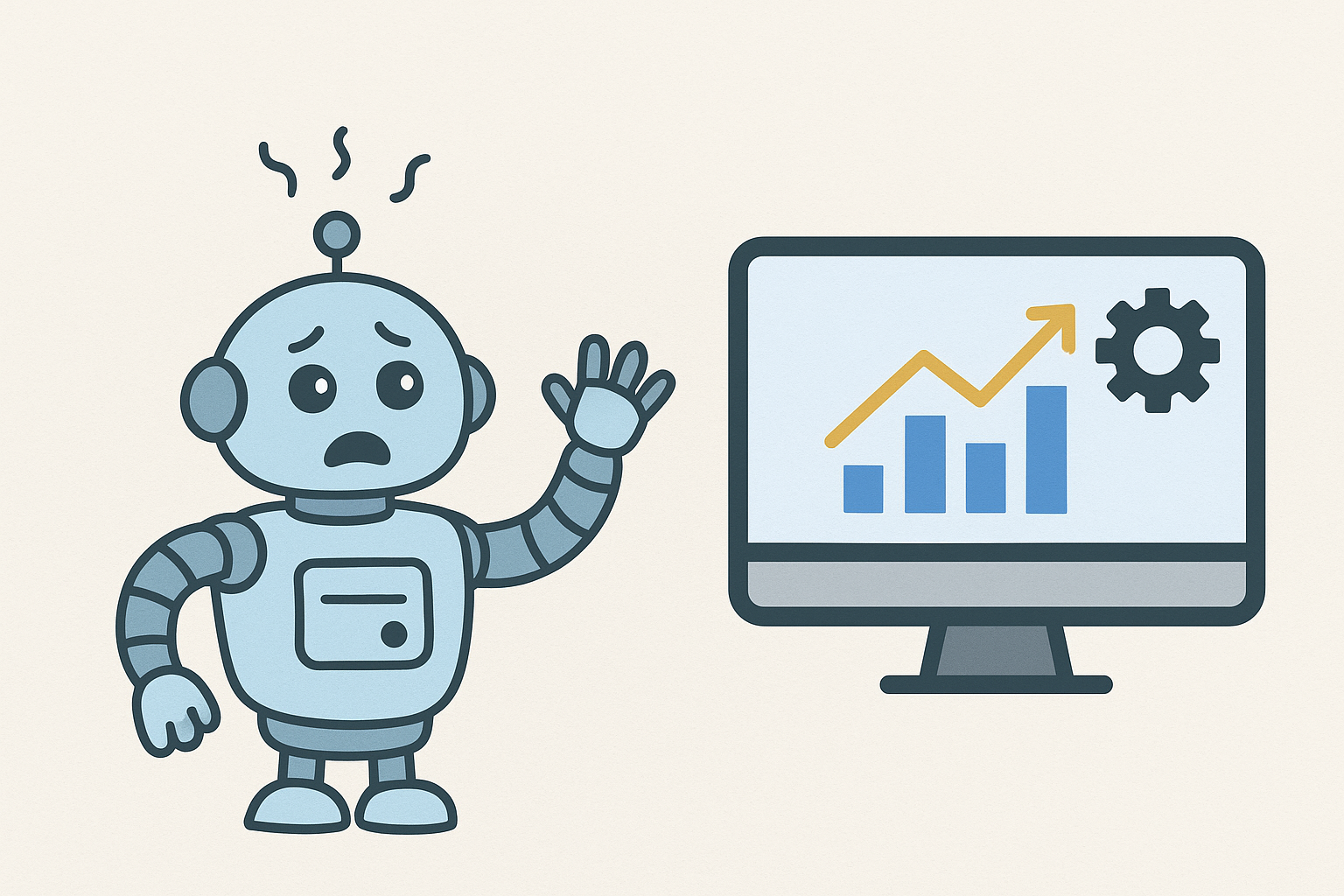 A cute, slightly worried-looking cartoon robot standing beside a computer monitor.