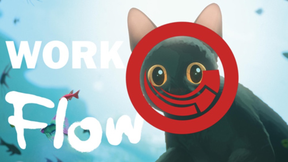 A parody of the poster for the movie Flow, with the word work in front of it and the Sitecore logo covering the cat.